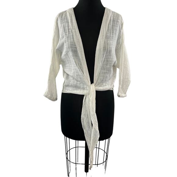 Gillia White Cropped Blouse Top Cotton Tie Front Ribbed V-Neck Size X-Small XS - Picture 1 of 8